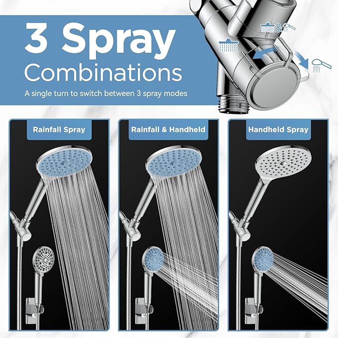 Dual Filtered Shower Heads Combo, High Pressure Rain Shower Head with Handheld Spray Built-in Power Wash, Dual Handheld Shower Head for Hard Water, Remove Chlorine for Healthier Skin- Chrome
