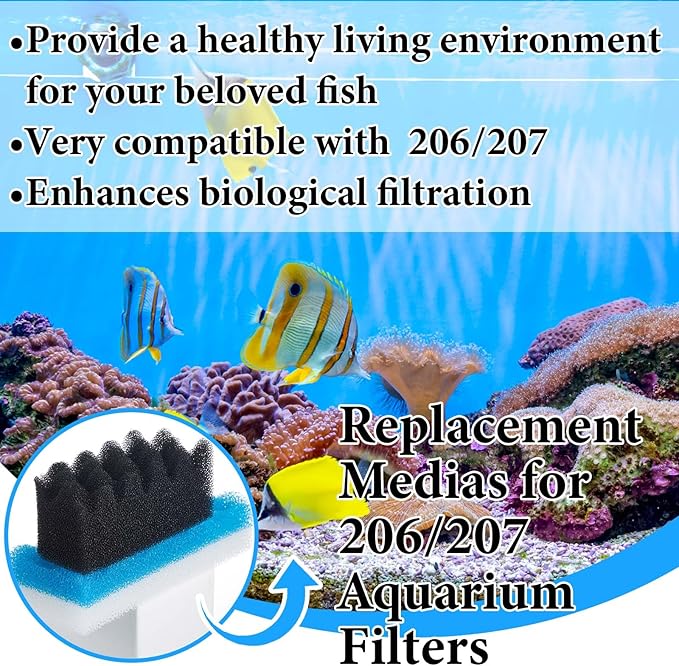 6 Pcs Aquarium Filters Bio Sponge Sets Compatible with Fluval 206/207, Including 2 Blue 2 White 2 Black Bio Sponge for Replacement Filter Media Kit