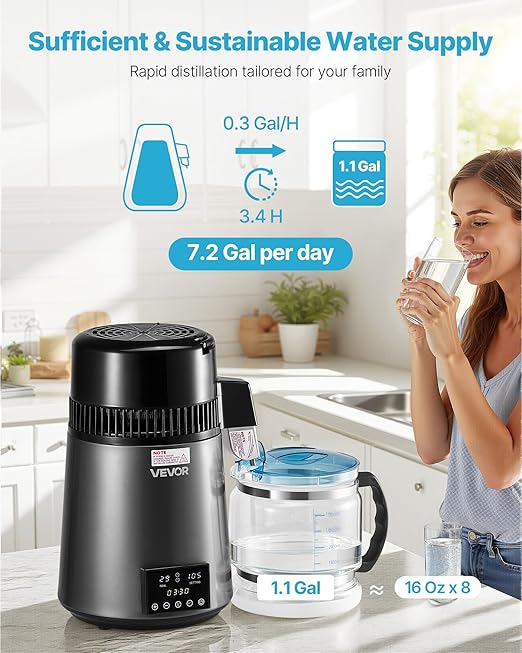 VEVOR Water Distiller, 4L 1.1 Gallon Pure Water Purifier Filter for Home Table Countertop, 750W Distilled Maker with Glass Pot, Stainless Steel Interior Drinking Machine to Make Clean Waters, Grey