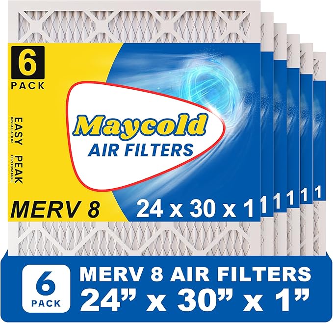 Maycold MERV 8 24x30x1 Furnace Air Filters (6-Pack), Pleated HVAC AC Filters – Actual Size 23.70” x 29.70” x 0.75”, For Residential or Office Use, Individually Wrapped in Plastic
