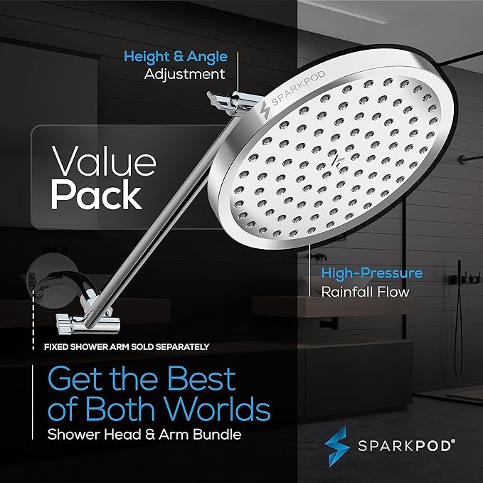 SparkPod Round Rain Shower Head with Extension Arm - Height Adjustable Shower Head with High Pressure Performance - Easy 1-Minute Installation (16" Arm Extension, Luxury Polished Chrome)