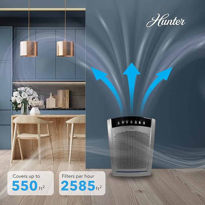 Hunter HP850 Air Purifiers for Home Large Room and Bedroom. True HEPA Air Purifier for Pets, Odors, Allergens, Smoke, Dust. UV Value Bundle w/Extra Filter, Cleans 2585 Ft² per hour. Black