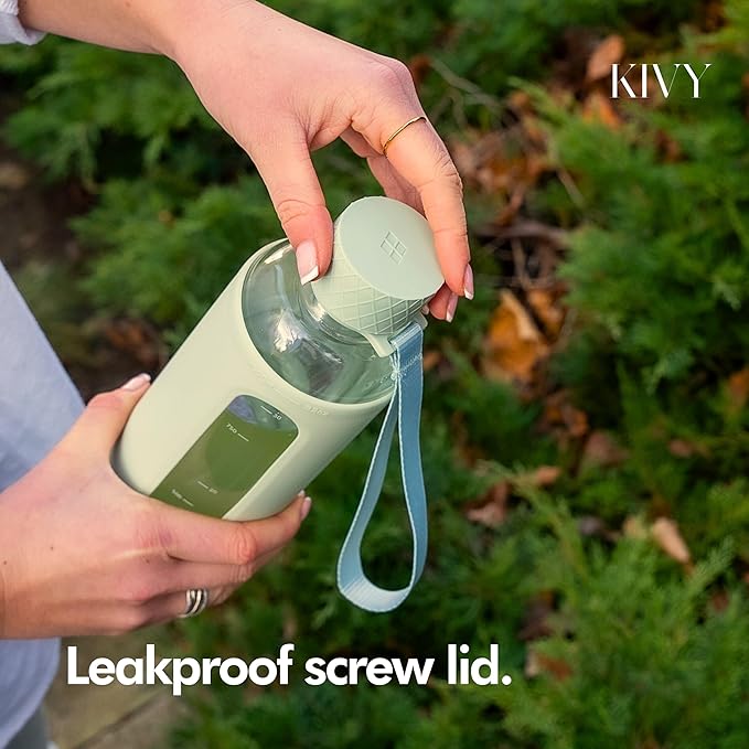 KIVY Glass Water Bottle with Silicone Sleeve 32 oz [WITH MEASUREMENT] - Borosilicate Glass Water Bottle Screw Top - Clear Bottles with Measurement Marking - Sage Green Waterbottle