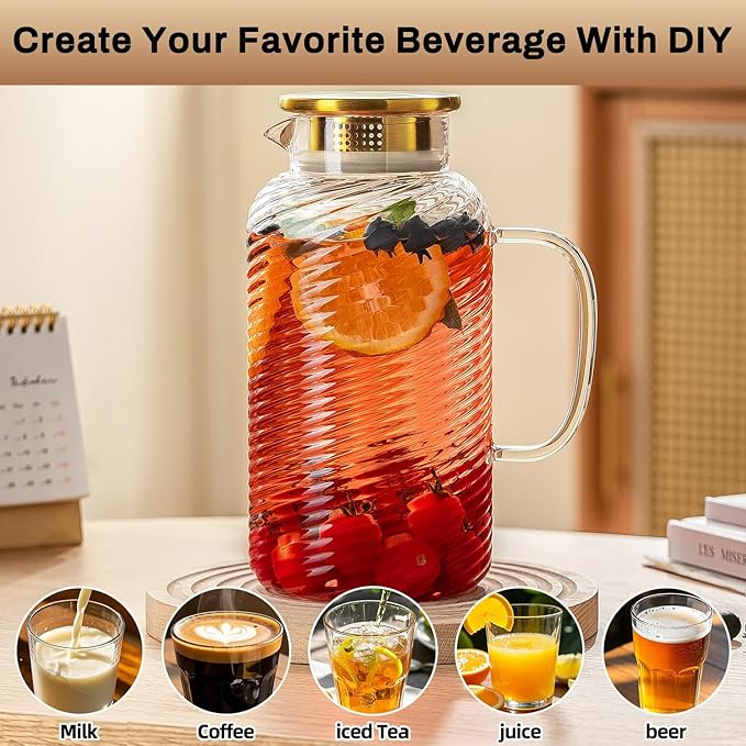 2 PACK Glass Pitcher with Lid, 68 oz/ 2 Liter Spiral Pattern Water Pitcher,Glass Water Carafe for Cold Brew, Coffee, Lemonade, Iced Sun Tea,Beverage, Milk, Heat Resistant