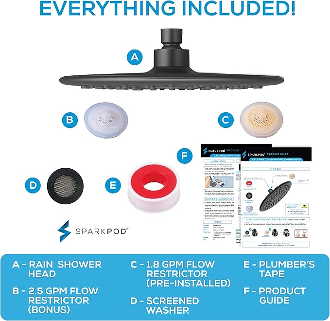 SparkPod 9.5 Inch Large Rain Shower Head - Luxury Rainfall Shower Head - High Pressure Showerhead, Full Body Coverage with Anti-Clog Silicone Nozzles - No Hassle, Easy Install (1/2 NPT, Black Matte)