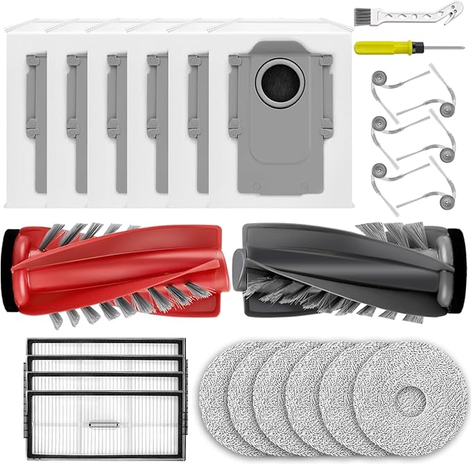 25 PCS Saros 10R Accessories Kit Compatible with Roborock Saros 10R Robot Vacuum,6 Dust Bags,1 Dual Main Brush,4 HEPA Filters,6 Mop Clothes,6 Side Brushes,1Cleaning Brush,1Screwdriver