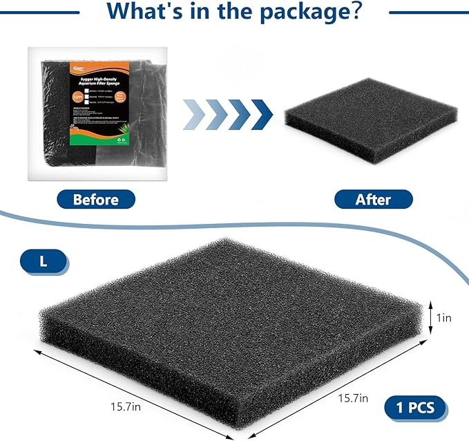 hygger Aquarium Sponge Filter Pad, Filter Media Foam Sponges, Cut-to-Size Open Cell Foam Sheet for Fish Tanks and Ponds, L (1 Pack 15.7 * 15.7 * 1 inch)