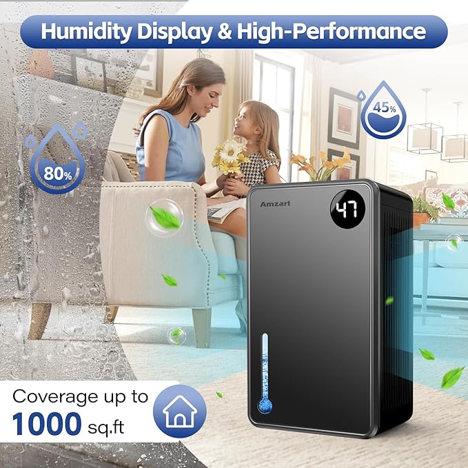 Dehumidifier, Dehumidifiers for Home (1000 sq.ft), 98 OZ Dehumidifier for Basement Bathroom Bedroom, Auto Shut Off Dehumidifiers, Timer Setting, Digital Display, Drain Hose, 7 Colors Light, Black