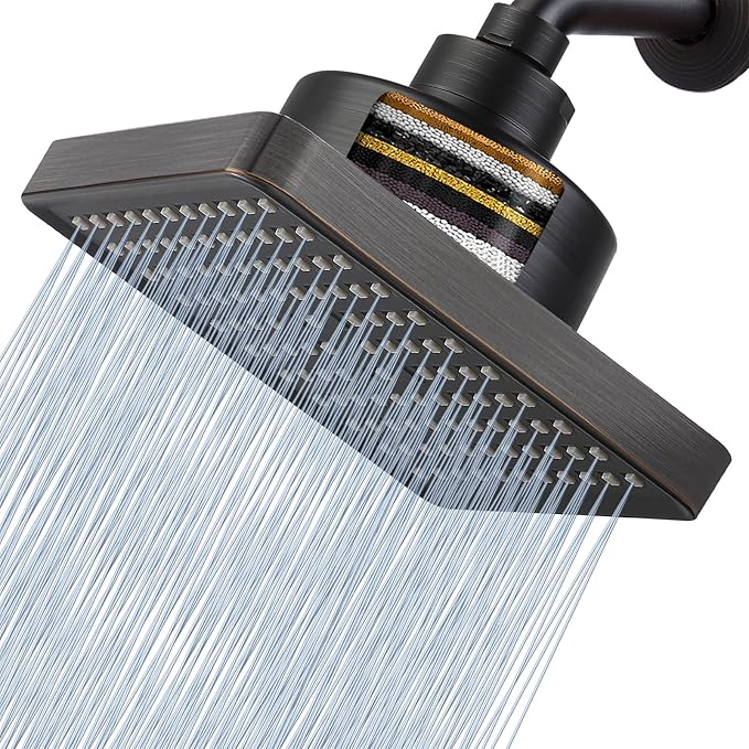 High Pressure Rain Shower Head with Filtered - 6" Square Showerhead Filter for Remove Chlorine and Harmful Substances, Improve Hair and Skin Problems, Oil Rubbed Bronze