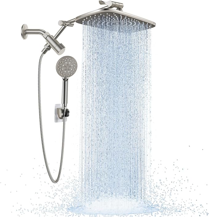 Veken Wide Brushed Nickel Rain Shower Head with Handheld, High Pressure Rainfall Showerhead Combo with Arm for Bathroom Accessories, Home Decor, Detachable Dual Shower with Multi Modes Handheld Spray