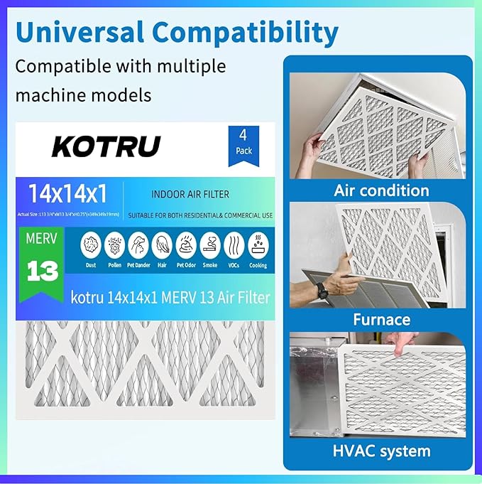 Air Filter14x14x1 MERV 13 (4-Pack) Electrostatic Pleated Air Filter for Residential Air Conditioners, Fireplaces, and HVAC Air Filters Replacement (Actual Size: 13.75 x 13.75 x 0.75 inches)