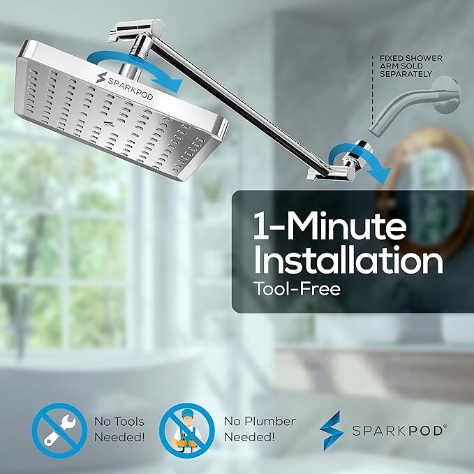 SparkPod Square Rain Shower Head with Extension Arm - Height Adjustable Shower Head with High Pressure Performance - Easy 1-Minute Installation (16" Arm Extension, Luxury Polished Chrome)