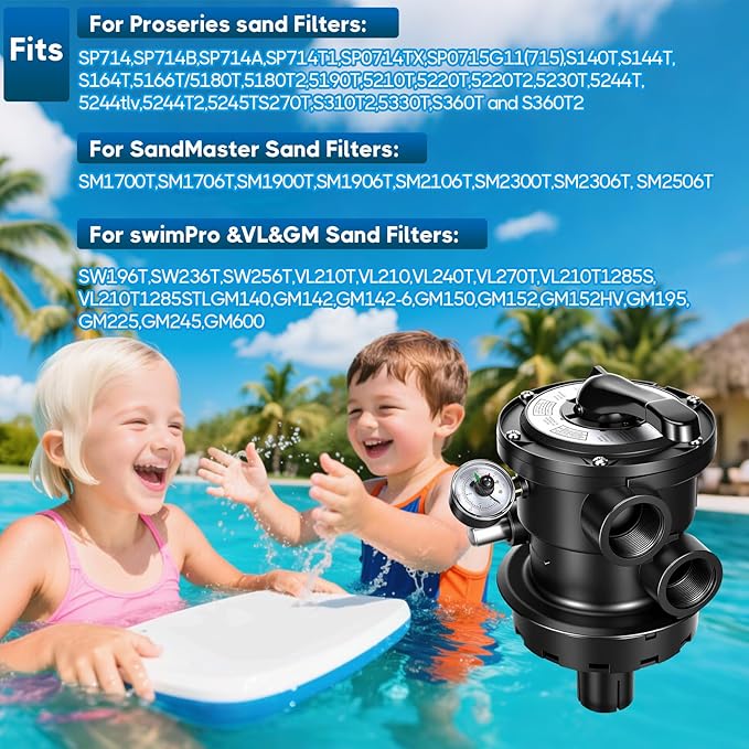 Replacement for SP0714T Multiport Valve, Direct Fit Pro & VL Series Above-Ground Sand Filters, 1.5" FIP 7-Position Clamp w/Upgraded Black Housing (Leak-Proof Design)