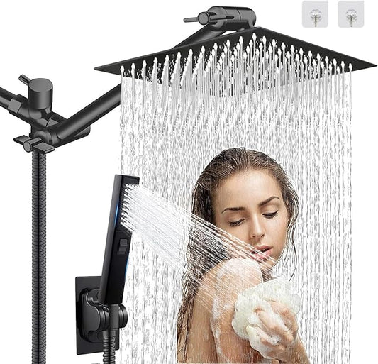 10" High Pressure Square Rainfall Shower Head and 2-in-1 Hand Shower,Rainfall Showerhead with 11" Shower Arm,Equipped with 78"Hose,Adhesive Shower Head Holder (Square Black Shower Head Set)