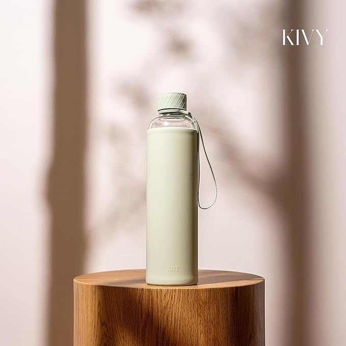 KIVY Glass Water Bottle with Silicone Sleeve 32 oz [WITH MEASUREMENT] - Borosilicate Glass Water Bottle Screw Top - Clear Bottles with Measurement Marking - Sage Green Waterbottle