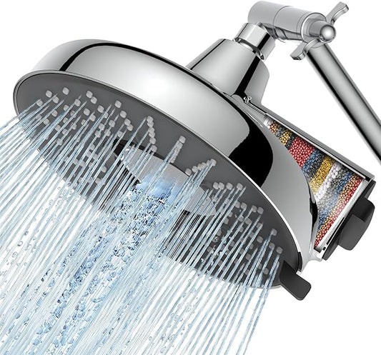 Filtered Shower Head High Pressure: 8-Inch Rain Showerhead with 18-Stage Filter for Hard Water Softener - Reduces Chlorine and Heavy Metals, Extension Rod Included (Polished Chrome）