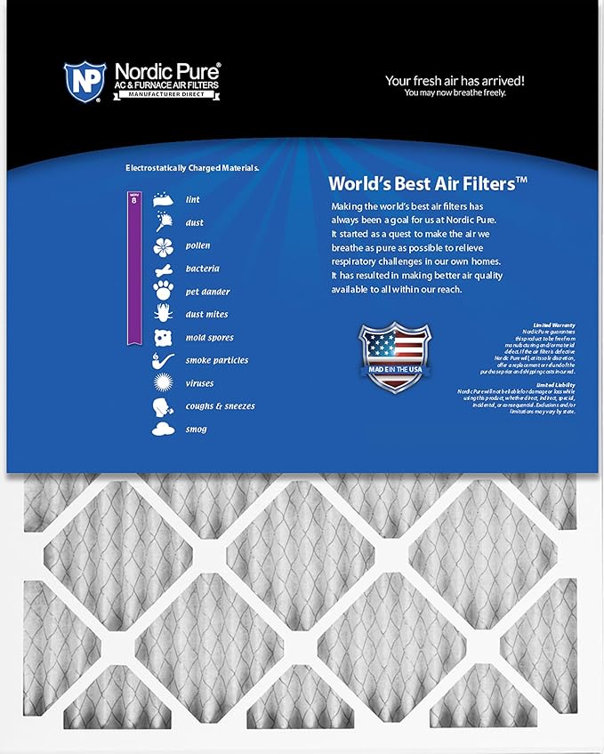 Nordic Pure 16x20x1 (15 1/2 x 19 1/2 x 3/4) Pleated MERV 8 Air Filters 6 Pack