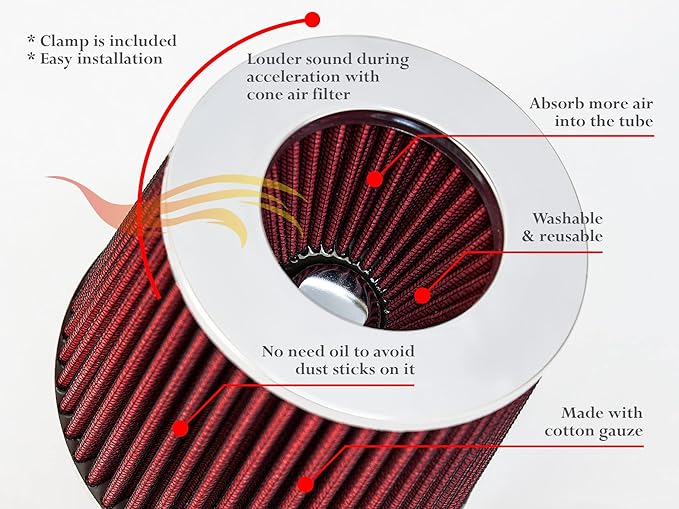 RED 3.25" 82.5 mm Inlet Cold Air Cone Replacement Quality Performance Washable Clamp-On Dry Air Filter
