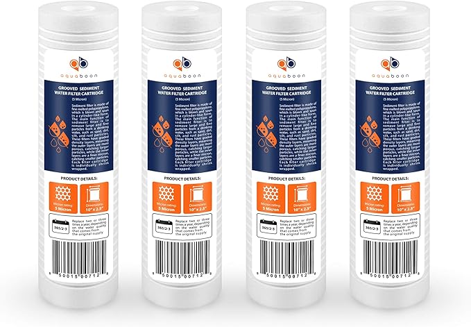 Aquaboon 5 Micron 10 x 2.5 Grooved Sediment Water Filter Replacement for Whole House Filter Cartridge Compatible with AP110, WHKF-GD05, CFS110, 4-Pack