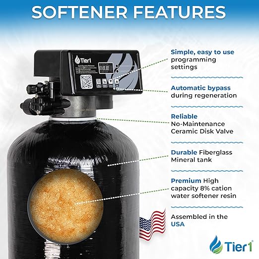 Tier1 Whole House Water Softener System Compact 24,000 Grain High Efficiency Space Saving | Pre-Filled Mineral Tank with 3/4 Cubic feet of Cation Resin | Home Water Filtration System