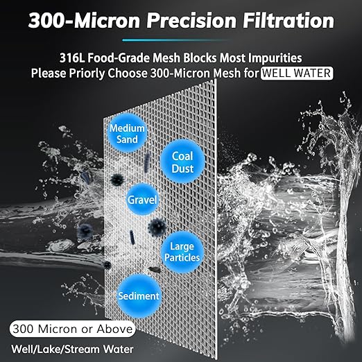 Spin Down Sediment Filters With Scraper, Well Water Filter System for House, Reusable Whole House Water Filter for Well Water, 300 Micron, 1" MNPT + 3/4" FNPT + 3/4"MNPT, BPA Free