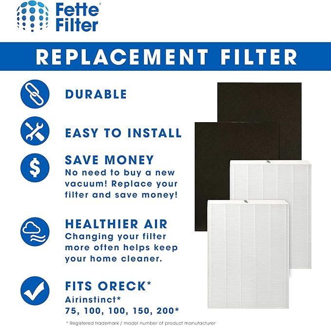 Fette Filter - Premium True Hepa H13 Filters Compatible with Oreck Airinstinct 75, 100, 108, 150, 200 Air Purifers 2 True HEPA & 2 Activated Carbon Replacement Filters.