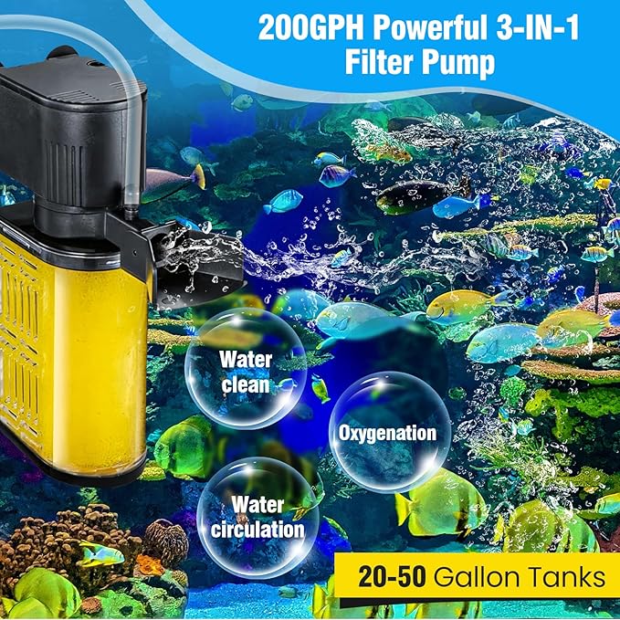 Aquarium Filter for 20-50 Gallons, Ultra-Quiet Fish Tank Filters Biochemical Filtration 200GPH Powerful Pump Submersible Sponge Filter for Large Fish & Turtle Tanks Water Clear Air Supply (13W)