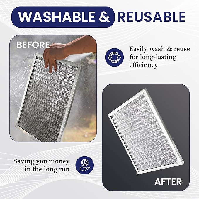 | Merv 8 | Washable Furnace Filter | Lifetime HVAC & Furnace Air Filter | Washable | Superior particle-holding Ability | Premium Quality Aluminum | 14x25x1