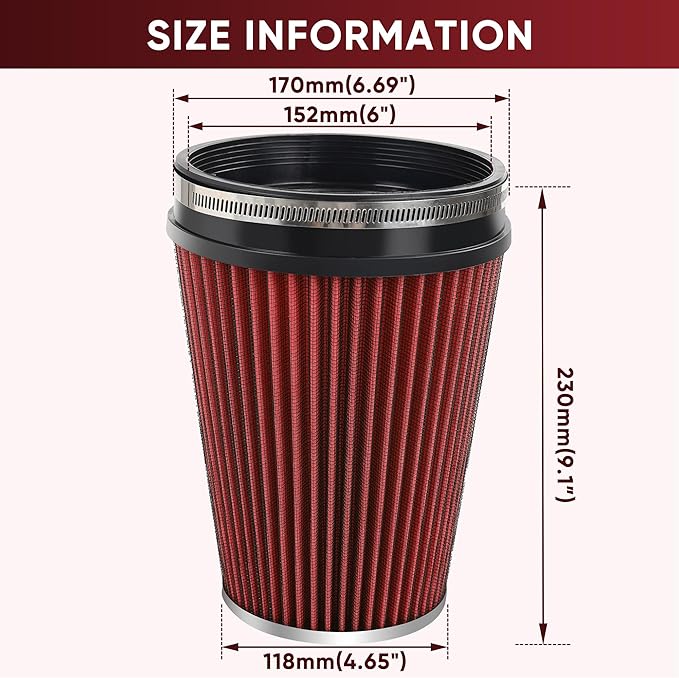 6" 152mm Cold Air Intake Filter Clamp-On Replacement High Flow Inlet Air Filter High Performance Washable Cone Filter 9" Tall Red