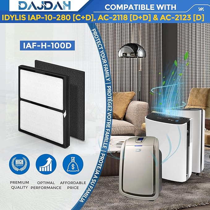 Idylis Air Purifier Replacement Filter IAF-H-100D for Idylis Air Purifier IAP-10-280 IAP10280 [C+D] AC-2118 [D+D] AC-2123 [D] with Idylis Air Purifier Filter D, 4 H13 HEPA Filter & 8 Carbon Pre-filter