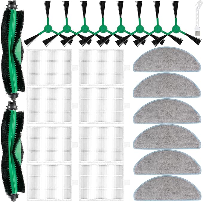 Replacement Parts Accessories for iRobot Roomba Combo Essential Vac 2 Vac 104/105 Y0110 Y0112 Y0140 Q0120 Q052 Robot Vacuum 2 Main Brush Rollers, 8 Filters, 8 Side Brushes, 6 Mop Pads