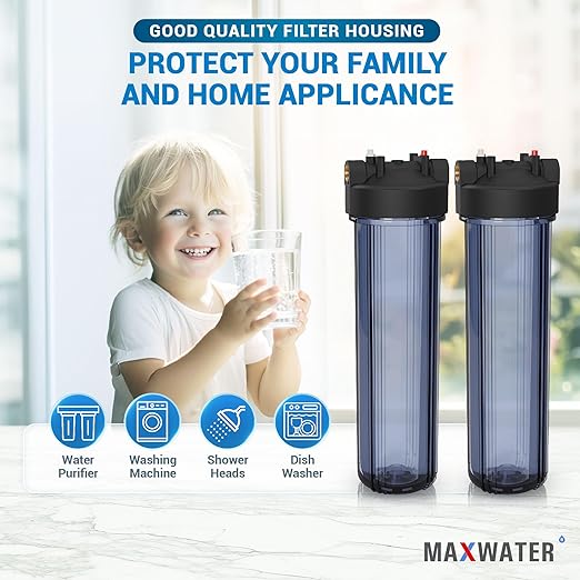 Max Water Whole House 20" x4.5" Purple Clear WH Water Filter Housing 1 inch Inlet/Outlet Ports with Pressure Gauge Wrench and Bracket (2 Housing + 2 Pressure Gauge)