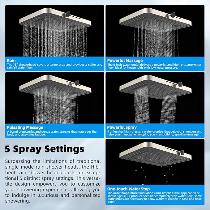Hibbent 5-spray 13'' Shower Head, High Pressure Rainfall Shower Head, Dual Showerhead Combo with 10-mode Handheld Spray, 12'' Adjustable Extension Arm, 71'' Hose, Showerhead Holder, Brushed Nickel