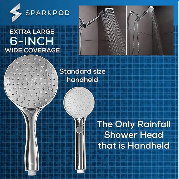 SparkPod High Pressure Handheld Shower Head - Huge 6-Inch Face - Luxury Rain Shower Design - Tool-Free 1-Min Installation - Handheld Only, No Bracket or Hose (Luxury Polished Chrome)