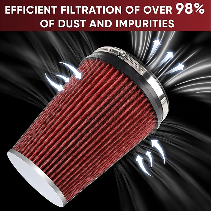 6" 152mm Cold Air Intake Filter Clamp-On Replacement High Flow Inlet Air Filter High Performance Washable Cone Filter 9" Tall Red