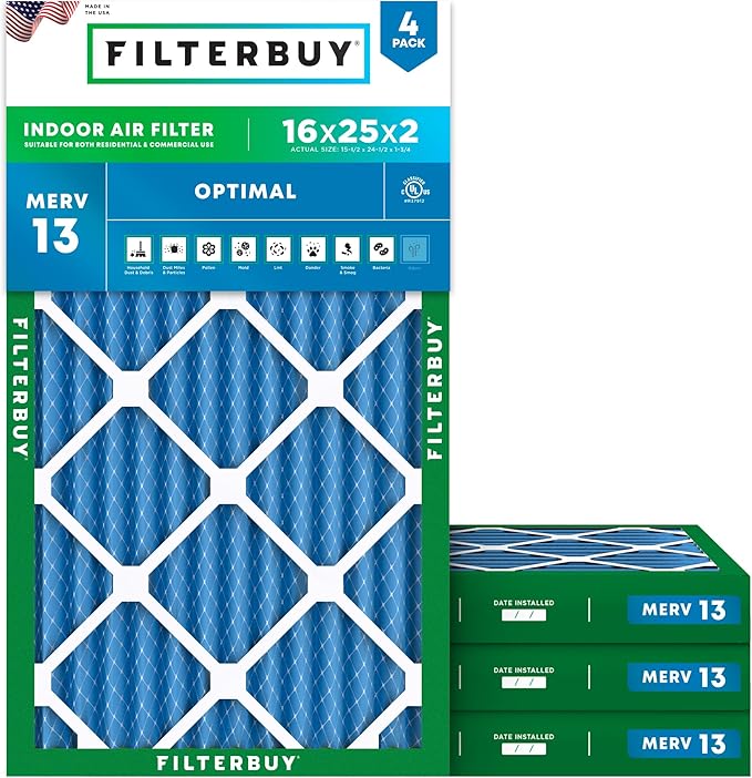 Filterbuy 16x25x2 Air Filter MERV 13 (MPR 1900) Health Defense Replacement (4-Pack), Electrostatic Pleated HVAC AC Furnace Filters, Made in USA (Actual Size: 15.50 x 24.50 x 1.75)