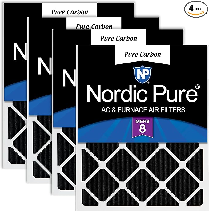 Nordic Pure 20x20x1 (Actual Size: 19 1/2 x 19 1/2 x 3/4) Pure Carbon Pleated Odor Reduction Furnace Air Filters 4 Pack