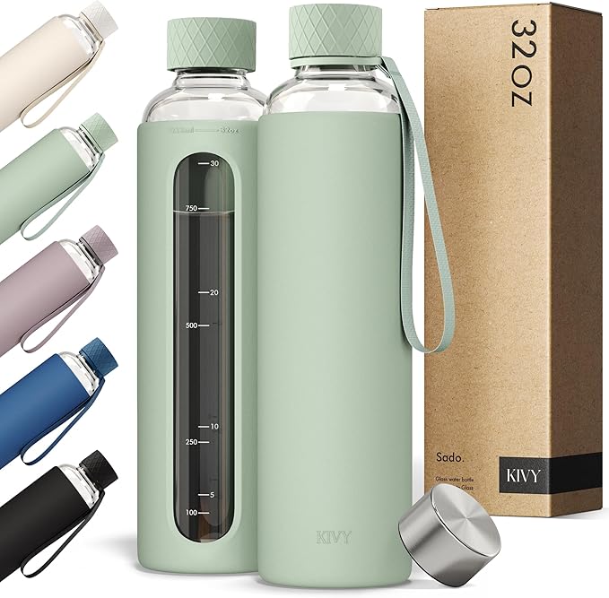 KIVY Glass Water Bottle with Silicone Sleeve 32 oz [WITH MEASUREMENT] - Borosilicate Glass Water Bottle Screw Top - Clear Bottles with Measurement Marking - Sage Green Waterbottle
