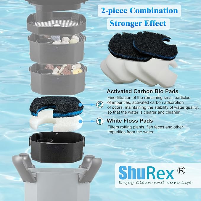 6 Pack Replacement Cotton White Floss and Activated Carbon Sponge Bio Filter Pads Refill for AMOSIJOY Aquarium Canister Filter, Compatible with PONDFORSE Canister Filter (Small for 172/225/265GPH)