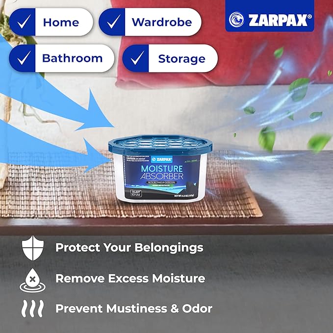 Moisture Absorber Activated Charcoal 6.5 oz/185g | Removes Moisture, Damp, Humidity & Odors | Odor Absorber | Moisture Trap for Bathroom, Closet, Kitchen & Small Spaces | Set of 6