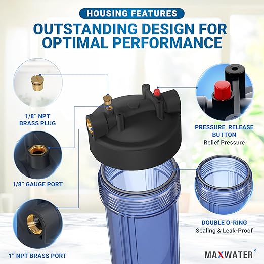 Max Water Whole House 20" x4.5" Purple Clear WH Water Filter Housing 1 inch Inlet/Outlet Ports with Wrench and Bracket (1 Housing)