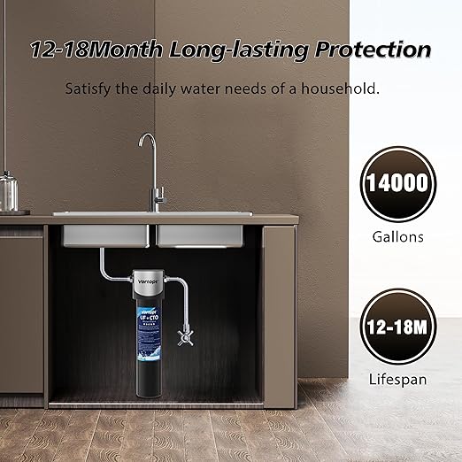 Under Sink Water Filter System,14000 Gallon &16" H saves Space,Flow Under Counter Water Filter Direct Connect to Kitchen Faucet,Reduces Chlorine,Lead, Bad Taste & Odor(Black-Q5-UF-M-14000 GAL)