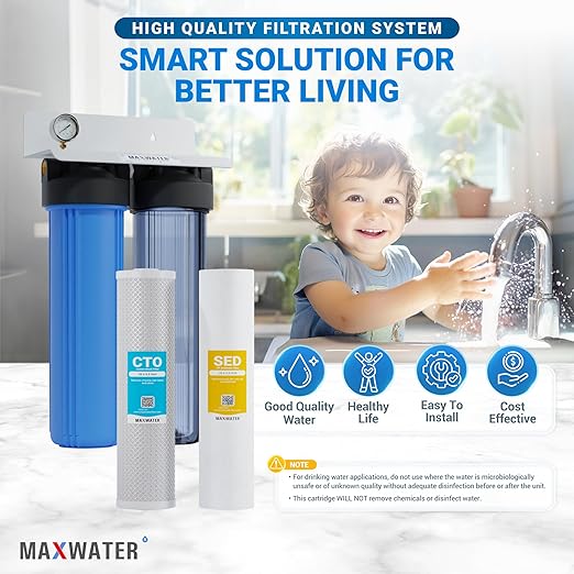 20" Dual Clear & Blue Whole House Water Filter 1" w/Pressure Gauge, Double O Ring Filter Housing, 20"x4.5" 5-Micron Sediment, CTO Carbon Water Filters