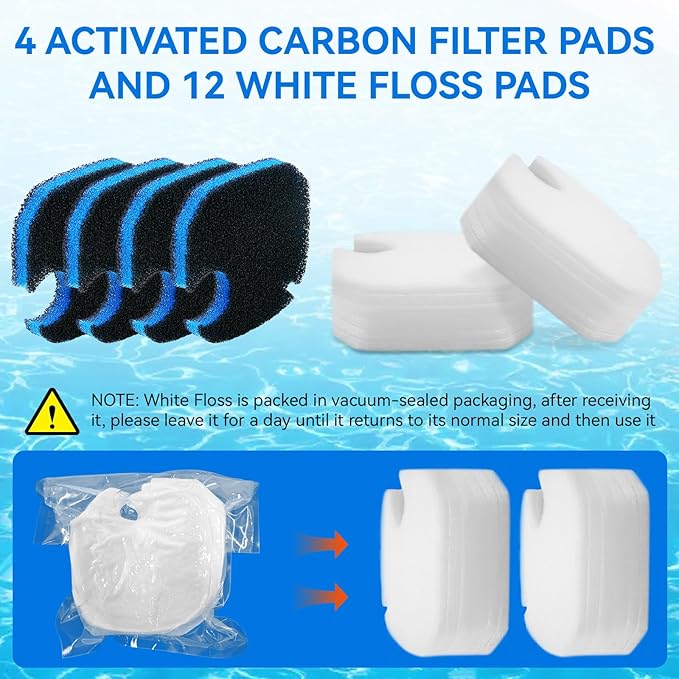 16 Pack Aquarium Canister Filter Pads Compatible with AMOSIJOY and PONDFORSE 172/225/265GPH, Replacement Aquarium Activated Carbon Sponge for Coospider-Repta (12 White Floss and 4 Coarse Filter Pads)
