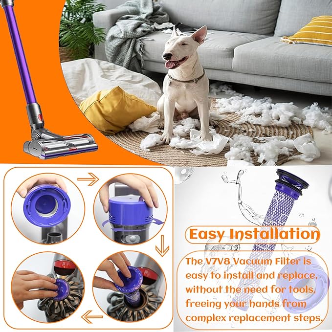 6 Pack Vacuum Filter Replacement Kit for Dy-son V7, V8 Animal and V8 Absolute Cordless Vacuum, 3 Post Filter, 3 Pre Filter, Replaces Part # 965661-01 & 967478-01