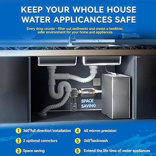 Whole House Spin-Down Sediment Pre-Filter, 40-Micron, 360° Flexible Installation, Water Hammer Reduction, City/Well Water Pre-Filtration System, RO Water Filter Companion Sediment Filter