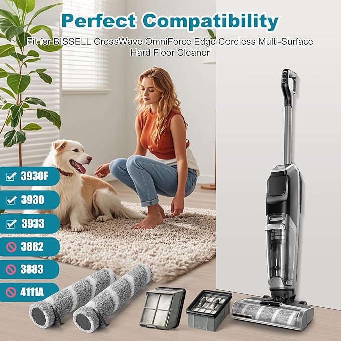 3930F 3933 3930 Brush Roll Filter Replacement Kit for Bissell CrossWave OmniForce Edge Cordless Multi-Surface Hard Floor Cleaner Wet Dry Vacuum, 2 HEPA Filters, 4 ZeroGap Brush Roll, 1 Cleaning brush