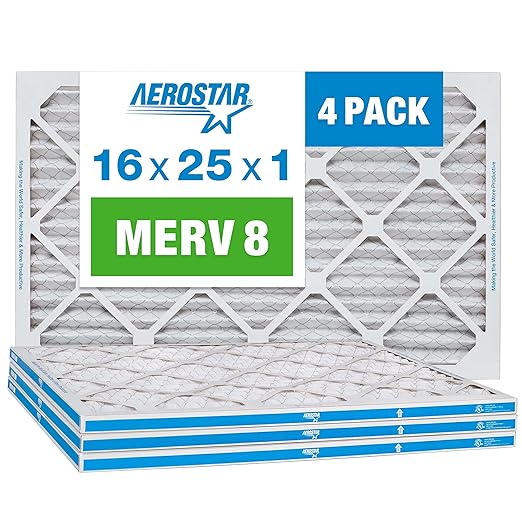 Aerostar 16x25x1 MERV 8 - 4 Count - High Efficiency Pleated HVAC, Furnace & Air Conditioner Filters - Removes Dust, Lint, Mold & Allergy-Causing Pollen