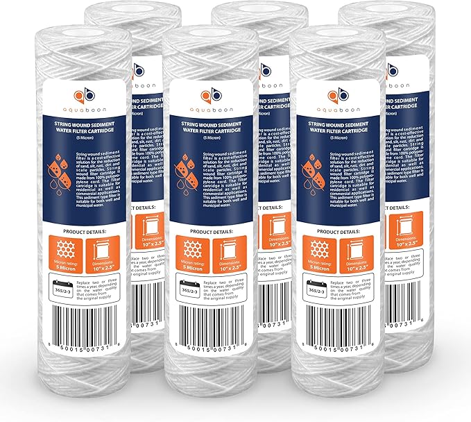 Aquaboon Whole House 5 Micron 10 x 2.5 String Wound Sediment Water Filter Cartridge Replacement Compatible with Well Water Filter WHKF-WHSW, 6-Pack