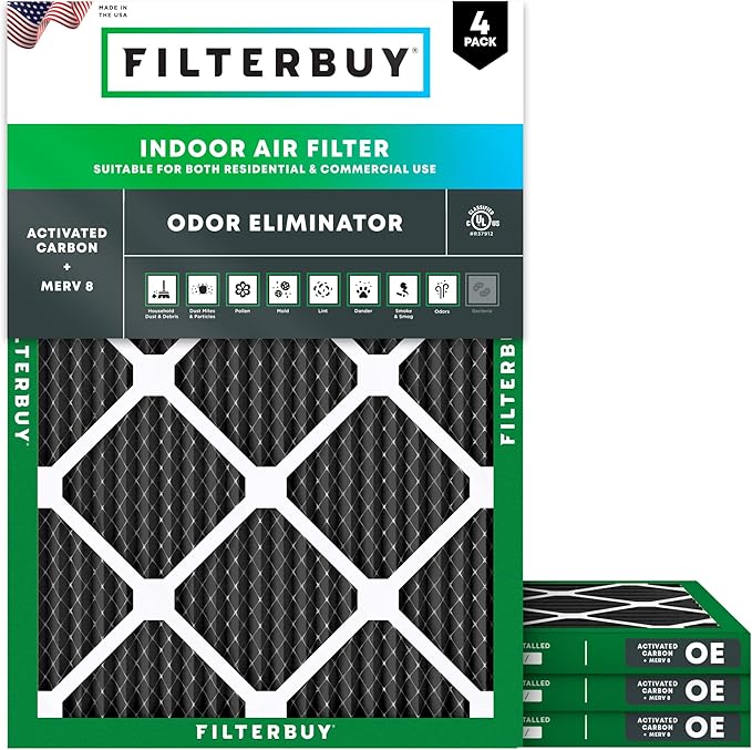 Filterbuy 14x20x1 Air Filter MERV 8 (MPR 700) Odor Eliminator Replacement (4-Pack), Electrostatic Pleated HVAC AC Furnace Filters w/Activated Carbon, Made in USA (Actual Size: 13.50 x 19.50 x 0.75)